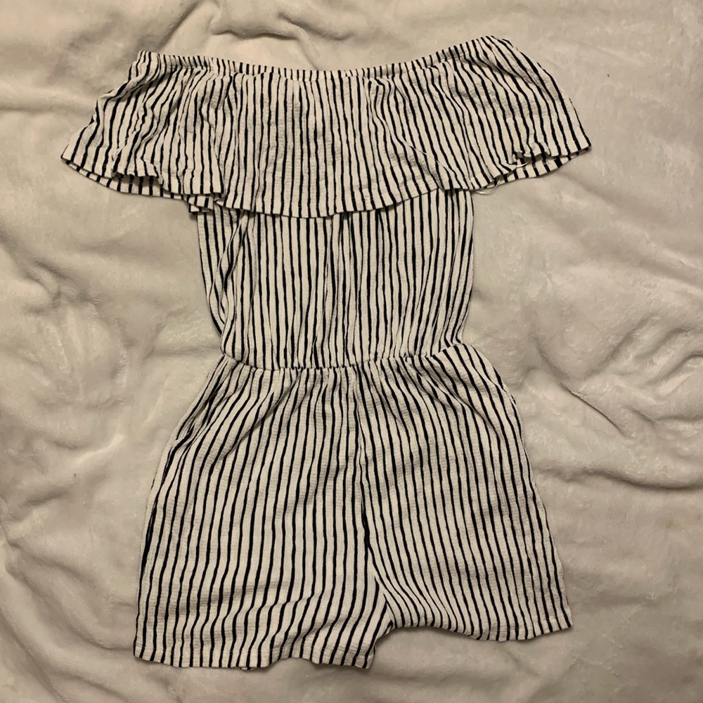 Off the shoulder black & white striped romper